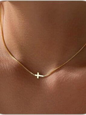 14K Gold  Brass Cross Pendant Choker Necklace Adjustable Chain